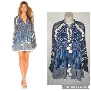 New Womens Hemant & Nandita Indigo Blue Janki Short Dress Pom Pom Tassels Size S